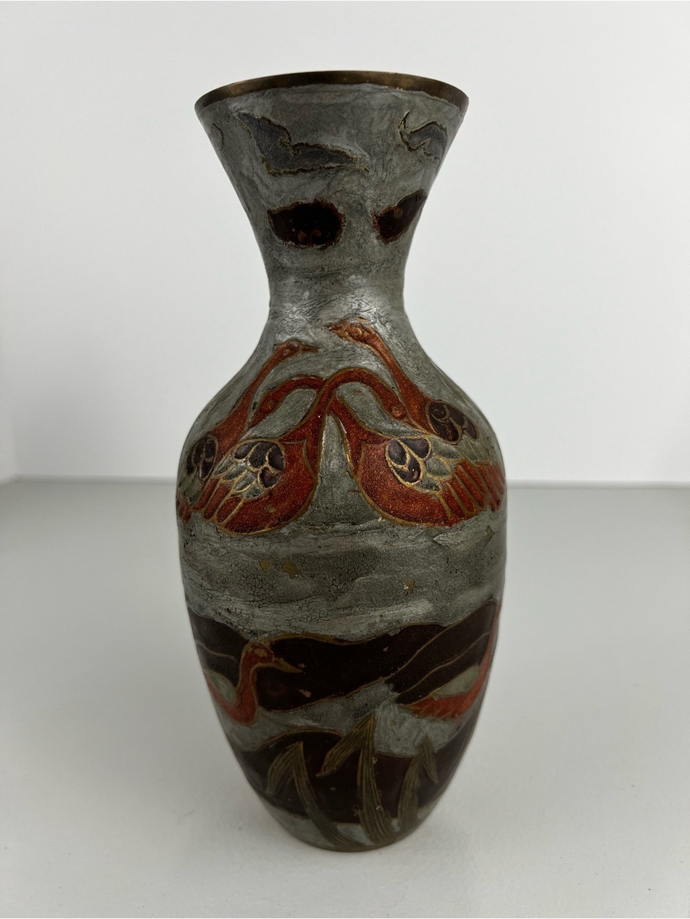 Vintage Indian Enameled Brass Vase Waterfowl Motif 8.25"